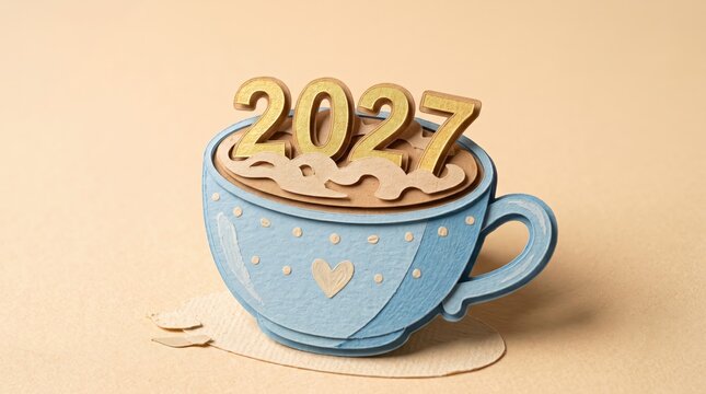 Creative paper art of a blue cup with hot cocoa and wooden 2027 numbers on beige backdrop