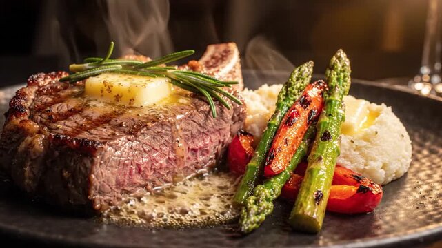Sizzling Grilled Tomahawk Beef Steak with Melting Butter, Roasted Corn, and Tomatoes on Rustic Board