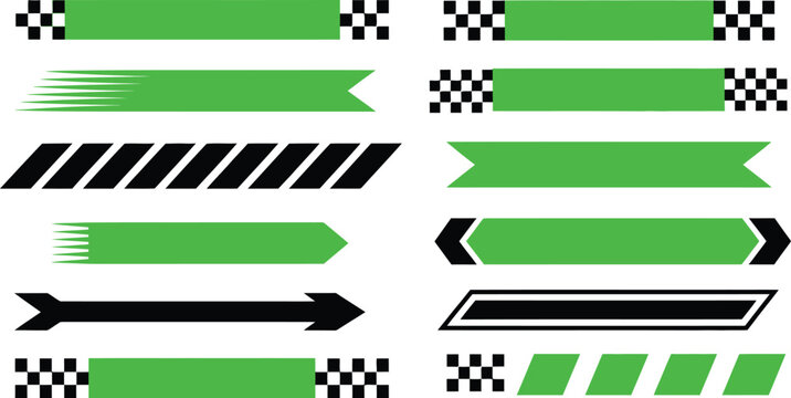 Racing banners set with green sports ribbons checkered flags motion speed lines arrow shapes isolated vector elements white background.