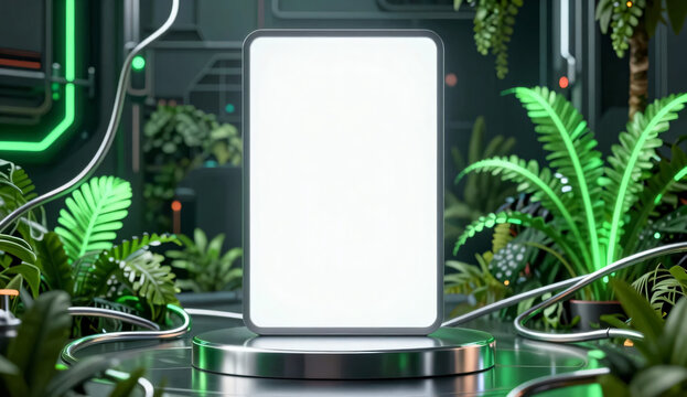 Vertical blank metal frame mockup on chrome podium with glowing biopunk plants background