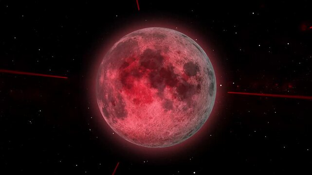 Blood moon lunar eclipse animation shines in starry night sky. Moon lunar landscape features dramatic red light streaks. Lunar eclipse sequence delivers spooky atmosphere.