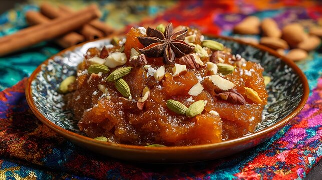 Traditional Indian nut halwa plated with cardamom pods and chopped mixed nuts