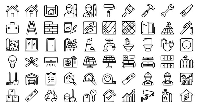 Modern Home Renovation Line Icons with Repair Painting Maintenance Editable Stroke Vector Set