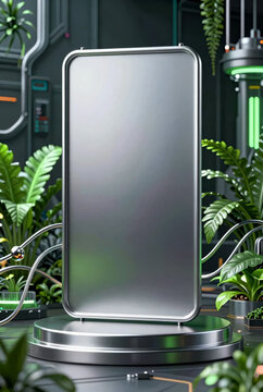 Vertical blank metal frame mockup on chrome podium with glowing biopunk plants background