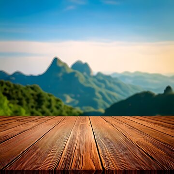 Wooden table with blurred mountain landscape background