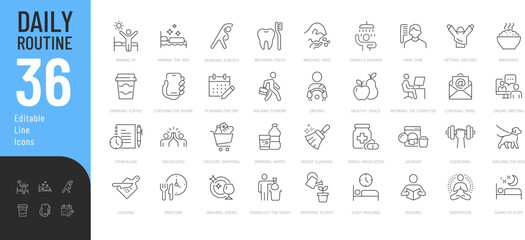 Obraz premium Daily Routine Line Editable Icons set. Vector illustration in a modern thin line style of lifestyle related icons: morning hygiene, work and productivity, household chores, and more. Isolated on trans