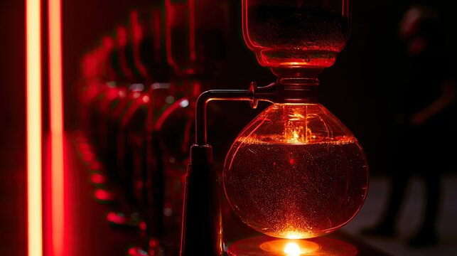 Red light illuminates vintage coffee siphon brewing process in dark room