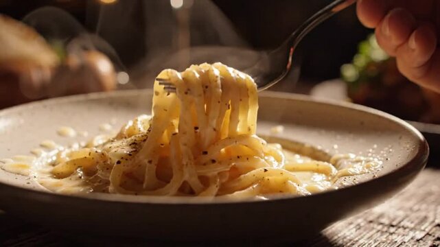 Fresh Spaghetti Carbonara with Crispy Bacon and Grated Parmesan Cheese in a Romantic Candlelit Setting