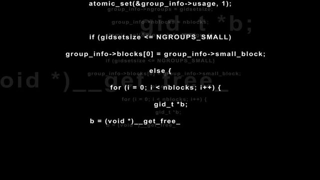 Computer code programming language animation scrolls on screen. Code programming syntax text displays colorful coder variables. Programming language theme looks futuristic.