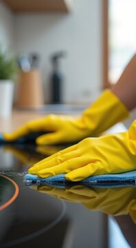 Someone in yellow gloves cleaning a stove top with a rag