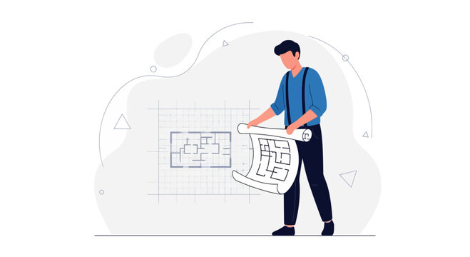 Architect or Engineer Studying Blueprint Plans and Floor Layouts, Vector Illustration