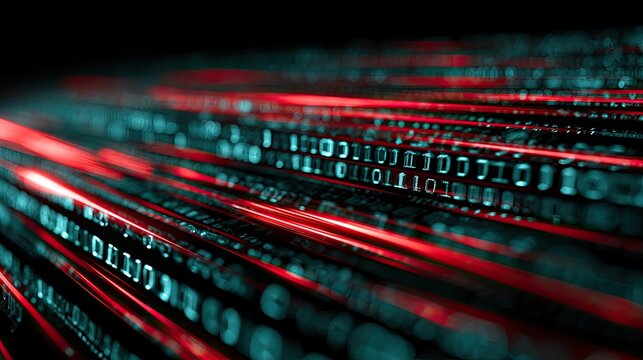 Abstract digital data stream with glowing red light streaks