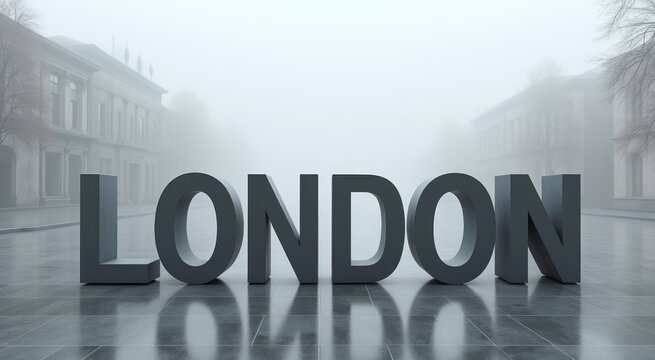 Large sign that says in front of a foggy street