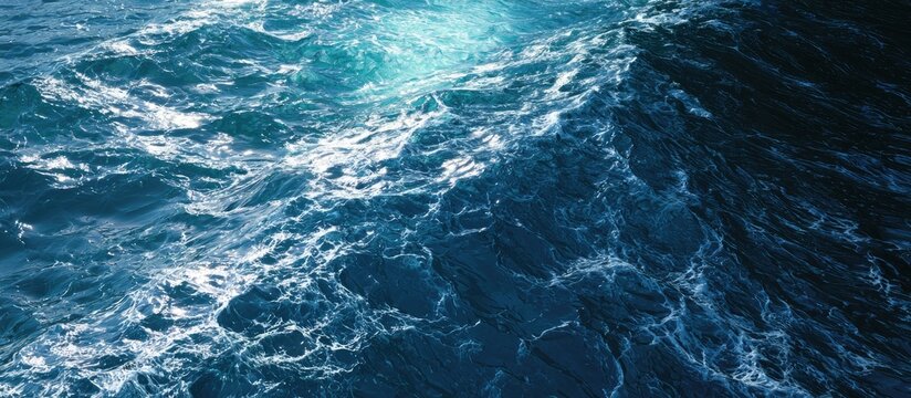 Raging blue ocean waves churn with white foam under bright light