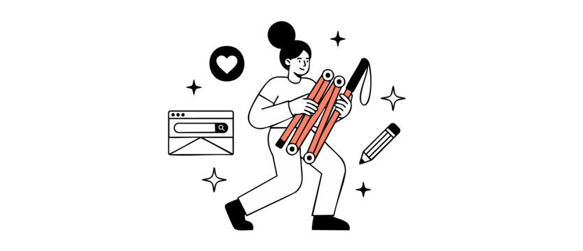Blind woman web accessibility illustration of a visually impaired person holding a folded cane with digital UI icons representing inclusive design, assistive technology, and internet equality.