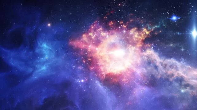 4K cinematic animation of a brilliant cosmic cloud explosion with colorful nebula and glowing particles.