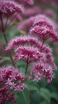 Purple joe pye weed flowers in a garden with soft focus background, and detailed floral, structure for botanical, and nature themes
