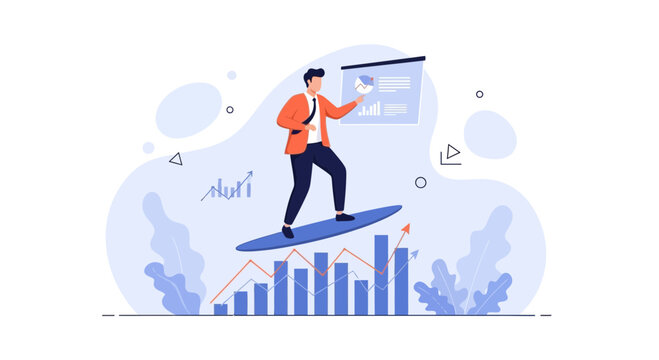 Businessman surfing on growing financial chart, presenting data on board, abstract background, business success concept vector illustration