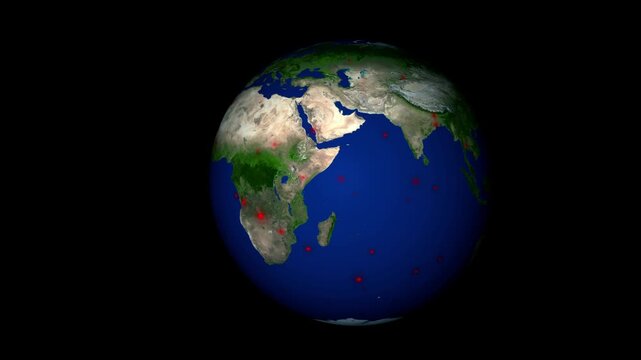 Red dots planet world animation marks locations on earth globe. Dots planet graphic displays international tracking points. World animation loop is ideal for corporate.