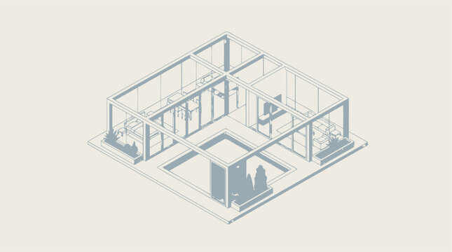 Floorplan layout presents an isometric view of a modern office space with glass walls and indoor plants.