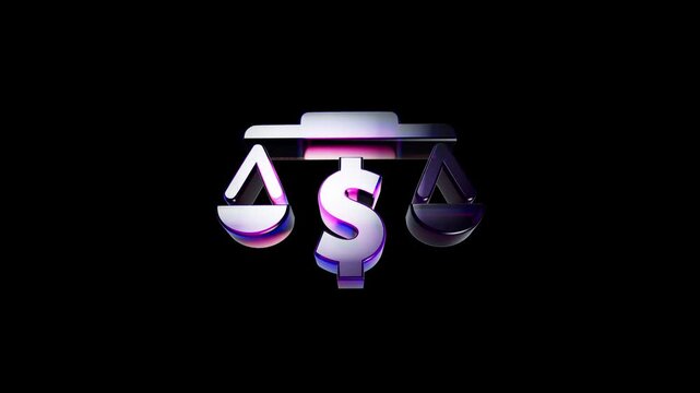 Shiny metallic balance scale icon with a central dollar sign symbol on a dark background 3D Icon