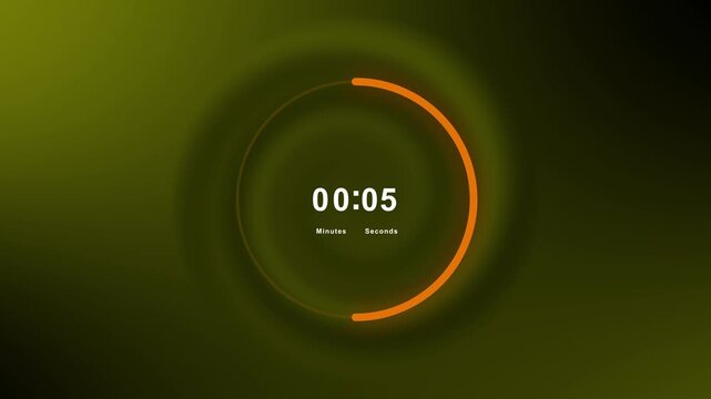 Digital countdown timer clock animation runs on green background. Countdown timer orange circle shows precise countdown seconds. Clock animation layout works for intro videos.