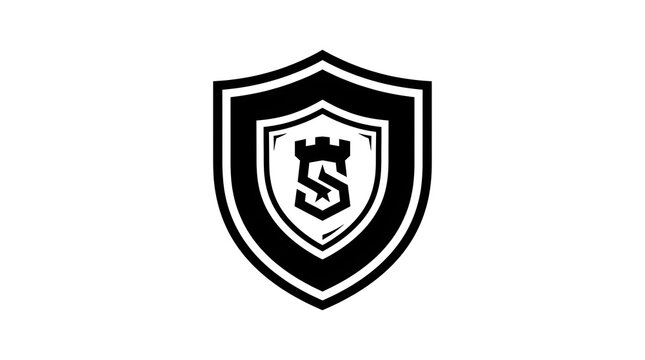 Shield icon with letter S. Black and white emblem for security and protection branding.