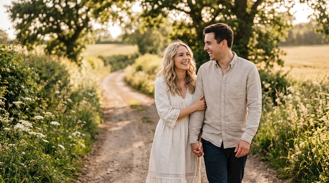Smiling romantic couple walking on country road, young man and woman holding hands, enjoying warm summer evening light. Peaceful romantic couple walking path.