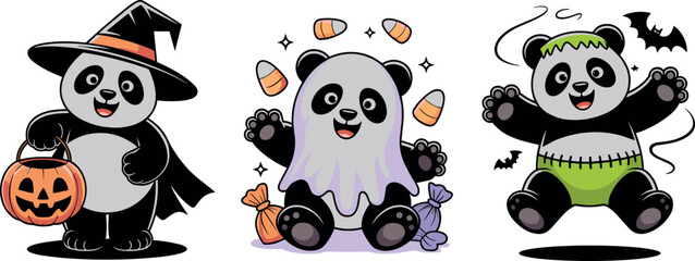 Set of three cute Halloween panda characters featuring witch costume, ghost sheet, and frankenstein illustration design. © Nishat