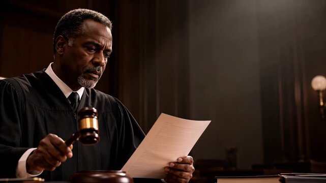 Judge reading a court verdict with gavel and copy space