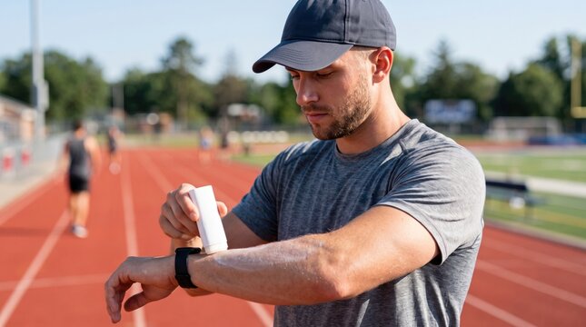 An athlete applying a sun stick to their arm.