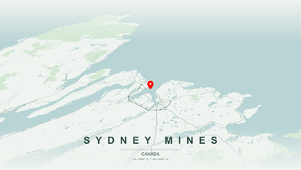 Modern minimalist vector map of Sydney Mines, Nova Scotia. High-quality scalable illustration of Sydney Mines geographic boundaries within Cape Breton for posters design. © AliRza