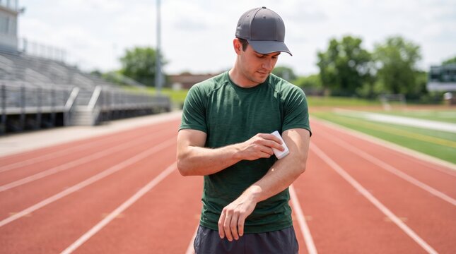 An athlete applying a sun stick to their arm.
