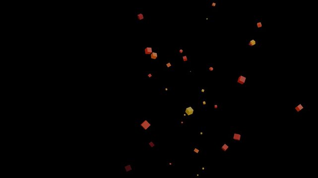 Scattered 3D cubes abstract animation floats on black background. Cubes abstract multi colored blocks create geometric art. Abstract animation layout loops for digital art.