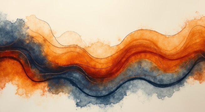 Abstract painting of orange and blue waves on a white background