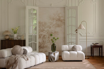 Obraz premium Elegant Living Room Interior with Soft Furnishings and Vintage Touches