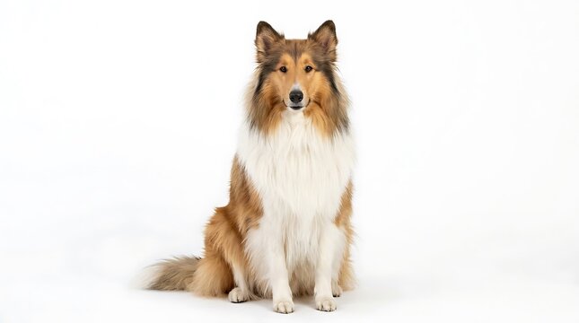 Beautiful Rough Collie Dog Sitting Isolated on White Background.