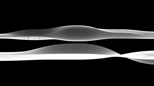 Two white ribbons flowing animation moves across black background. Ribbons flowing wavy lines create elegant visual graphics. Flowing animation loop serves as text canvas.