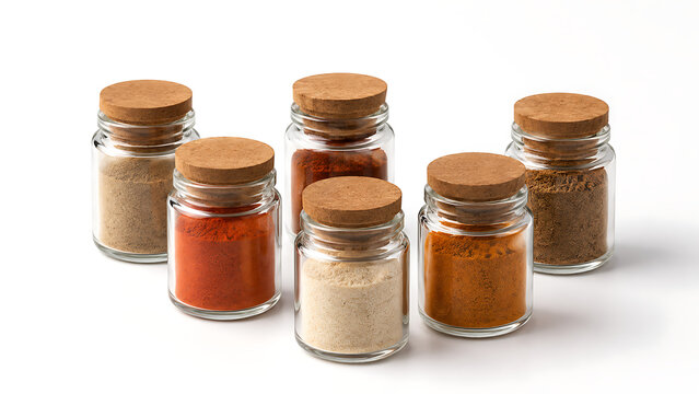 Glass spice jars with cork lids, collection of six small bottles filled with colorful aromatic seasonings, kitchen pantry storage containers isolated on White Background ai