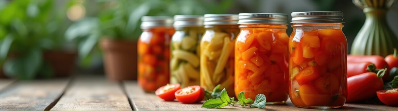 Several jars of pickled vegetables sit on a table next to a potted plant