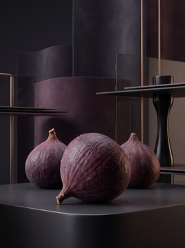 Three ripe purple figs displayed on dark geometric stand with geometric