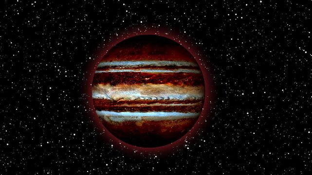 Detailed jupiter planet gas giant cosmos animation glows in dark. Jupiter planet cosmic sphere features swirling cloud lines. Cosmos animation view looks highly search able.