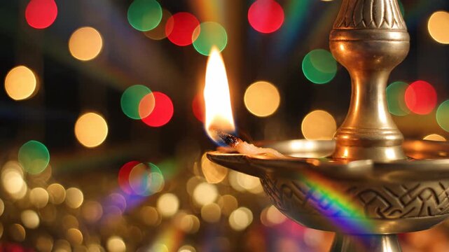 Traditional brass diya lamp with glowing flame and bokeh.
