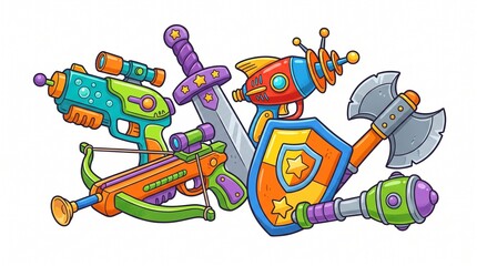 Naklejka premium A vibrant collection of cartoon-style toy weapons, including a sword, shield, axe, ray gun, mace, and crossbow, on a white background.