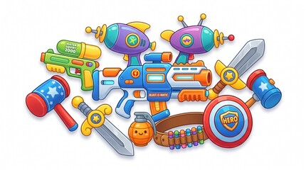 Naklejka premium Brightly colored cartoon illustration showcasing a variety of children's toy weapons, including futuristic blasters, swords, hammers, and a hero shield.