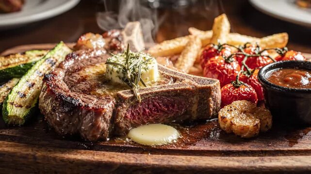 Sizzling Grilled Tomahawk Beef Steak with Melting Butter, Roasted Corn, and Tomatoes on Rustic Board