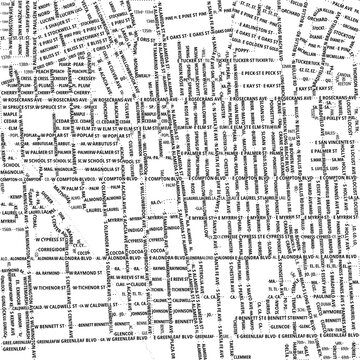 Typographic Map of the City Compton (California, USA) showing the city center only with street names