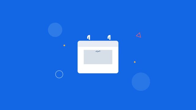 A flat blue calendar icon flips through changing date numbers surrounded by small decorative shapes, animated on a solid blue background.