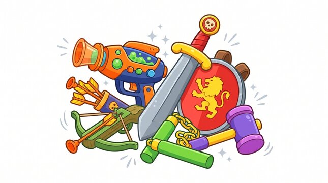 A colorful collection of cartoon toy weapons including a laser gun, sword, shield, crossbow, and hammer.