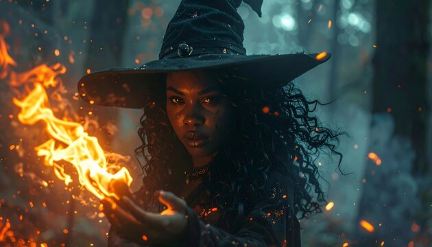 Young witch conjures fiery magic in dark forest